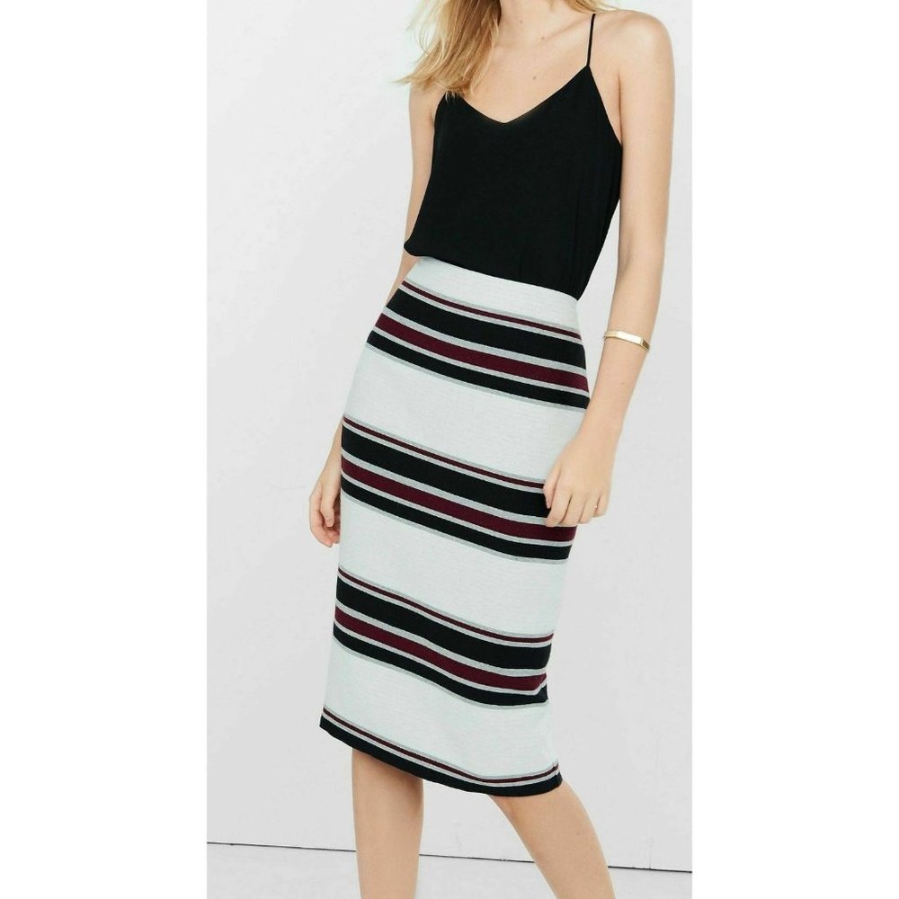 Express Sz 0 Long Midi Striped Straight Skirt Southwestern white burgundy black